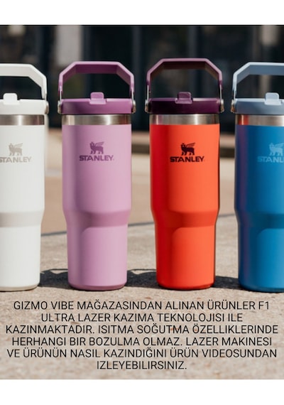 Stanley Kişiye Özel The Iceflow Flip Straw 0.89 L Pipetli Termos Özel İsimli Koyu Pembe