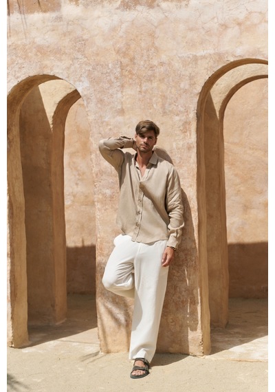 Mai Collection Mai Studios Co. Agnola Oversize Erkek Bej Keten Gömlek Bej
