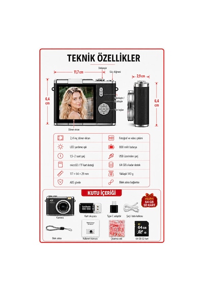 Solvis 4k Dijital Retro Fotoğraf Makinesi 48mp 18x Zoom 180 Dönen Ekran Flaşlı 64gb Sd Kart  Selfie Vlog Kamera Siyah
