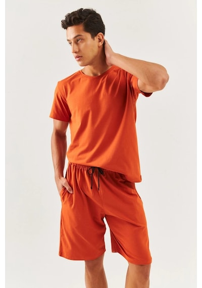 Erkek Oversize Rahat %100 Pamuklu Penye Bisiklet Yaka Kısa Kol Basic T-shirt KIREMIT