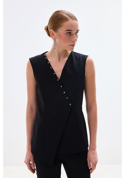 Sateen İncili Kruvaze Yelek - Siyah-136841 Siyah