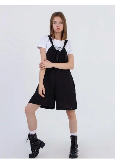 Zekids Kız Çocuk Askılı Kısa Tshirt İle Takım Keten Tulum-13784 Siyah