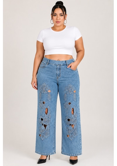 Zanessi Fashıon Büyük Beden Beli Lastikli Bol Paça Nakışlı Denim Kadın Pantolon Mavi