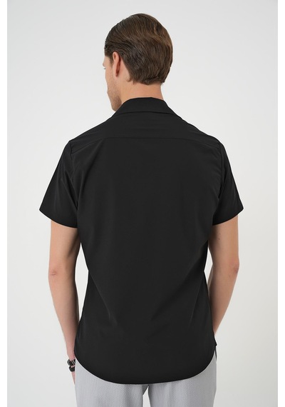 Efor Slim Fit Apaş Yaka Kısa Kol Esnek Casual Siyah Gömlek G 1589 Siyah