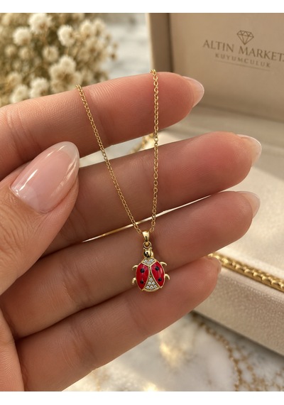14 Taşlı Ve Kırmızı Mineli Uğur Böceği Altın Kolye