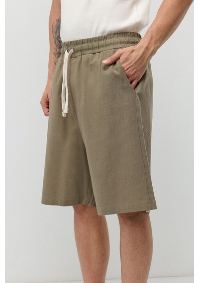 Vamos Basic Oversize Keten Şort Haki