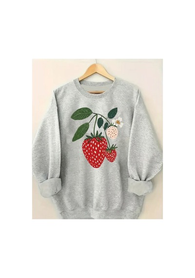 Herkesemoda Çilek Baskı Detaylı Bisiklet Yaka Sweatshirt Gri