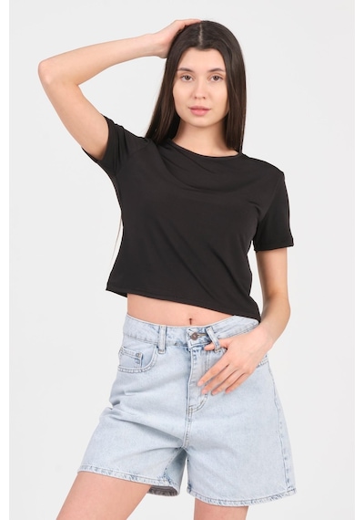 As Collection Siyah Bisiklet Yaka Kısa Kol Sandy Kadın Crop Siyah