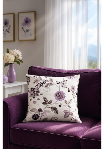 Duck Çiçekli Kırlent Kılıfı Bej Lila V1 40x40 Bej