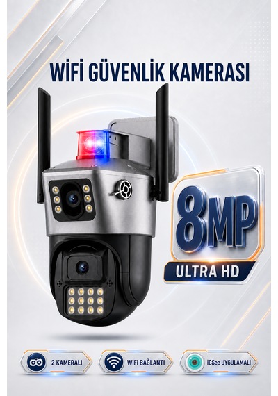 8mp Wifi 2 Kameralı Siren Alarmlı Uyarı Işıklı Gece Görüşlü Adaptörlü Güvenlik Kamerası