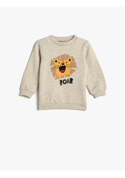 Koton Aslan Baskılı Sweatshirt Uzun Kollu Bisiklet Yaka Şardonlu Bej 4wmb10096tk Ekru