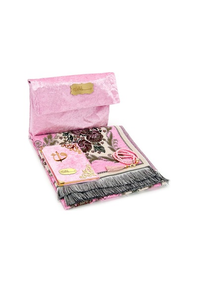 Kadife Keseli Lüks Seccade Seti - Pembe Renk