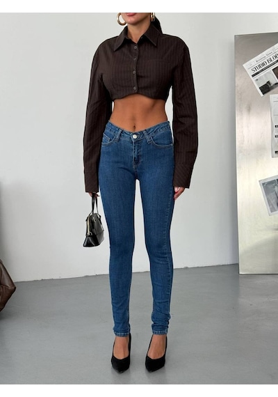 Yüksek Bel Likralı Skinny Jean Mavi