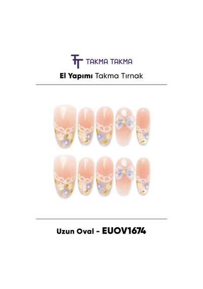 Euov1674 Uzun Oval 10'lu Tekrar Kullanılabilir El Yapımı Protez Takma Tırnak M