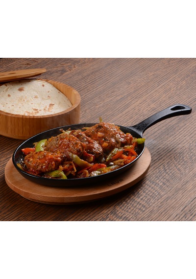 Lava Döküm Oval Fajita Tavası. Saplı ve Ahşap Altlıklı.