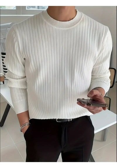 Erkek Bisiklet Yaka Slim Fit Triko Kazak Beyaz