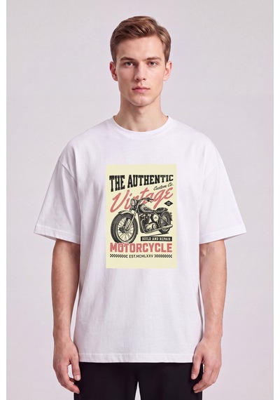 Black Nova Oversize Baskılı Unisex %100 Pamuk T-shirt Vintage Motorcycle Beyaz