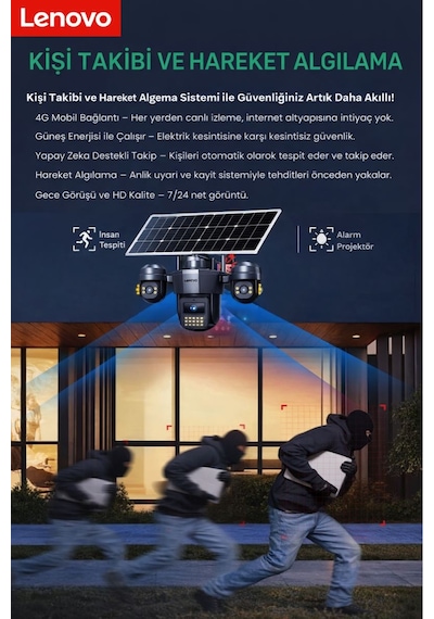 W11c-z 3 Lensli 4g Sım Kartlı 360 Ptz Solar Güvenlik Kamerası Güneş Panelli Gece Görüşlü Dış Mekan
