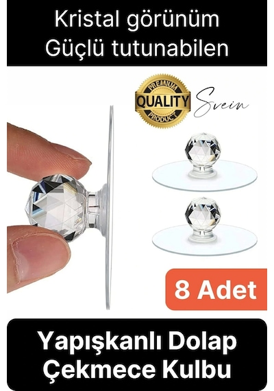 8 Adet Dekoratif Güçlü Tutunabilen Yapışkanlı Kristal Kapak Çekmece Dolap Kulp Seti Tutacak Kulbu Çok Renkli