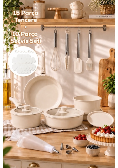 Porsima Perotti 25 Parça Mutfak Seti - 15 Parça İndüksiyonlu Seramik Kaplama Tencere Tava Seti - 10 Parça Pasta Ve Tatlı Servis Seti Beige Bej