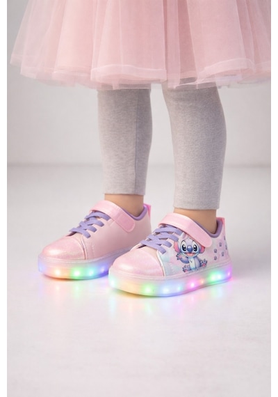 Minibonito Kız Çocuk Desenli Işıklı Led Tabanlı Simli Cırt Cırtlı Sneaker Pembe