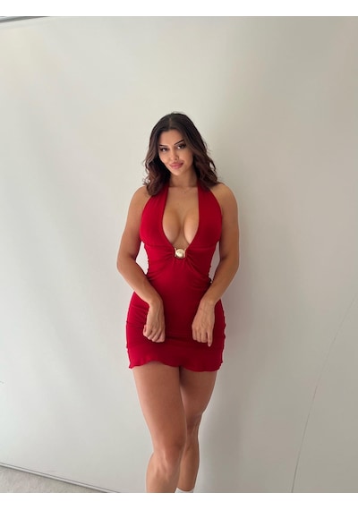 Pink Life Kırmızı Askılı Toka Ve Göğüs Dekolteli Mini Elbise Kırmızı