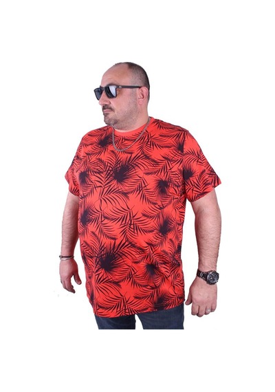 Starbattal Büyük Beden Sıfır Yaka Tişört Palm Leaf 23148 Nar Çiçeği-Nar Çiçeği Çok Renkli