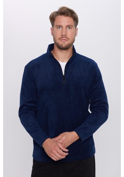 Tudors Unisex Standart Fit Rahat Kesim Tüylenme Yapmayan Soğuk Geçirmez Lacivert Dik Yaka Polar Sweatshirt-31929