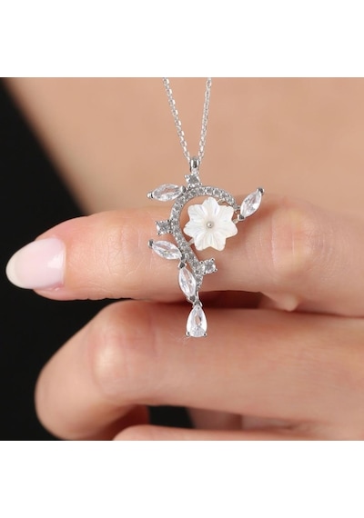 Mia vento Manolya Çiçeği Işıltılı Kristal Yansıması Flowers Gümüş Kolye
