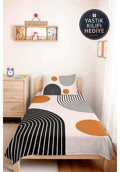 Siyah Geometrik Modern Genç Odası Tek Kişilik Pike Takımı - Hardal 160x220 Cm Kapitone Yatak Örtüsü Hafif Misk Dokusu
