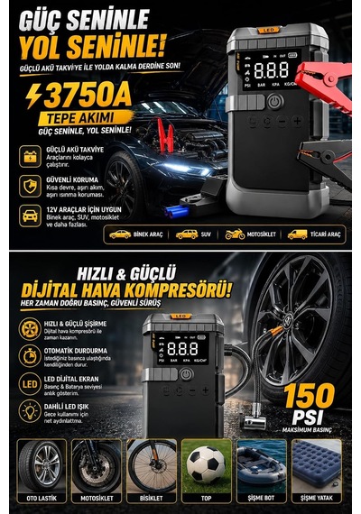 19800 Mah Akü Takviye Ve Dijital Hava Kompresörü 4'ü 1 Arada Araç Acil Yardım Cihazı