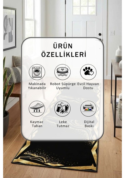 Dijital Baskılı Kaymaz Yıkanabilir Yolluk 3 Siyah