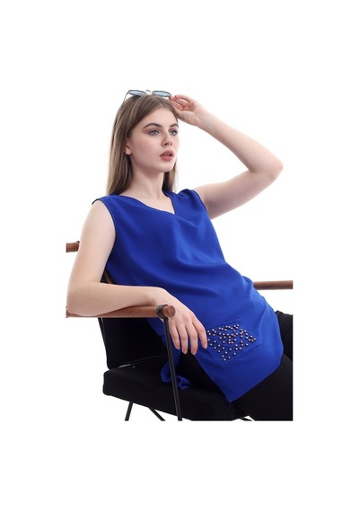 Self Clothing Kadın Saks V Yaka Cep Ve Yırtmaç Detaylı Bluz Slf1246-Saks
