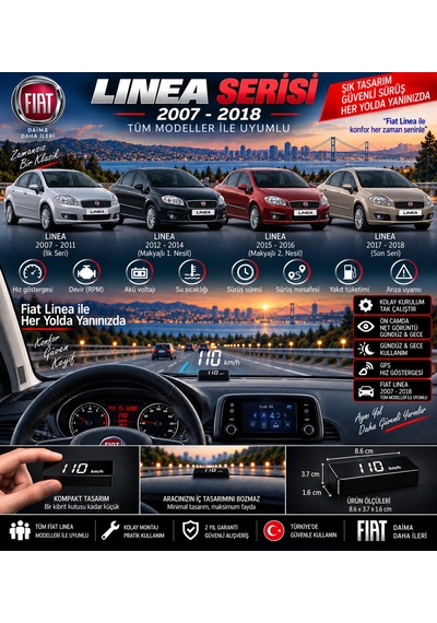 Fiat Linea 2007-2018 Modeller İçin Head Up Display Hayalet Gösterge Ekranı Ön Cam Hız Göstergesi