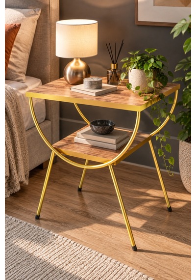 Sulorahome Ceviz Desenli Gold Metal Yan Sehpa Ve Komodin