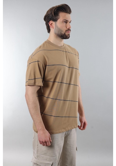Madmext Kapuçino Bisiklet Yaka Basic Çizgili Erkek T-shirt E7102 Kapuçino Sütlü Kahverengi