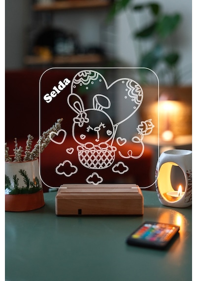 Kişiye Özel 3D Tavşan Ve Kalp Masaüstü Led Lamba