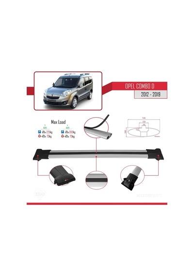 Opel Combo D 2012-2018 Arası İle Uyumlu Fly Model Ara Atkı Tavan Barı Gri 4 Adet Bar
