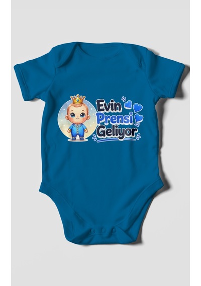 Morivokids Evin Prensi Geliyor Kısa Kollu Bebek Body %100 Pamuk Koyu Mavi