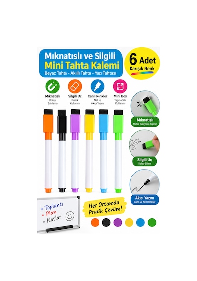 6 Adet Mıknatıslı Silgili Mini Beyaz Tahta Kalemi Keçeli Karışık Renkli Çok Renkli