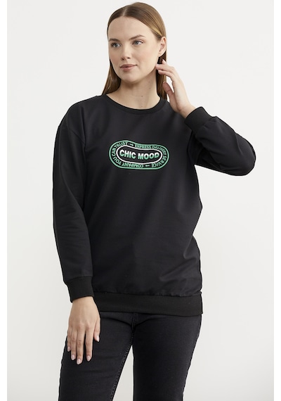 Baskılı Oversize Basic Sweatshirt - Siyah Ekru