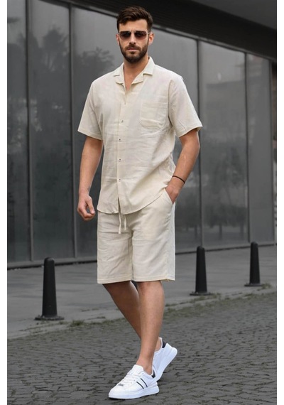Madmext Erkek Bej Basic Oversize Gömlek Takımı 5588