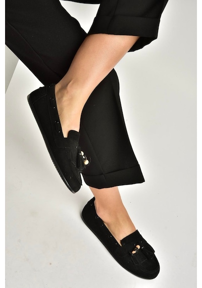 Fox Shoes Y602347002 Siyah Süet Püsküllü Kadın Günlük Ayakkabı Siyah