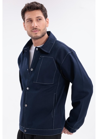 Erkek Dikiş Detaylı Oversize Gabardin Ceket - Mont-392 Lacivert