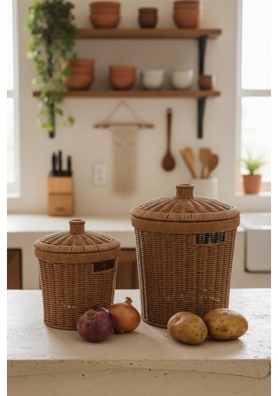 Rattan Konik 2'li Kapaklı Sepet