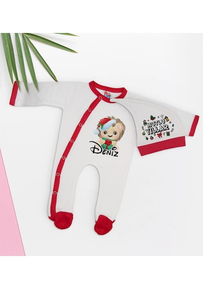 Bk Kids Bk Gift Kişiye Özel Yılbaşı Temalı Tulum Zıbın Ve Kukuletalı Şapka Seti-2 Çok Renkli