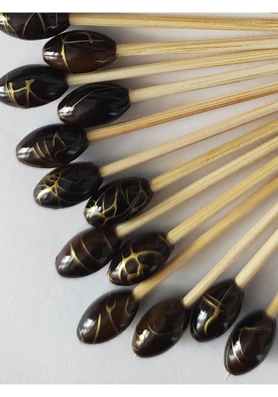 50 Adet Dekoratif Lüks Kahve Gold Varak Boncuklu Pasta Kürdanı 6,5 Cm - Boncuk 12 Mm