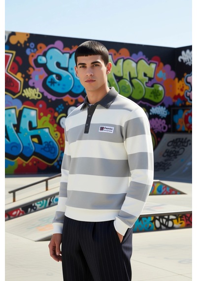 Benerly Erkek Polo Yaka Standart Kol Çizgili Sweatshirt Fonksiyonel Dayan Ekru