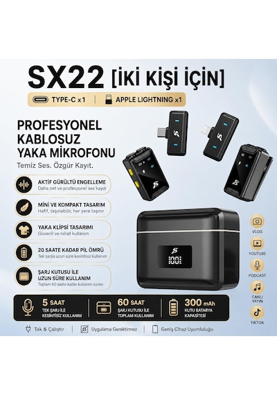 Denshi Kl-g99 Kablosuz Yaka Mikrofonu Çift Mikrofonlu, 20 Saat Pil Ömrü, Enc Gürültü Engelleme, Şarj Kutulu Wireless Mikrofon, İphone Ve Type-c Uyumlu, Youtube Tiktok Podcast Canlı Yayın