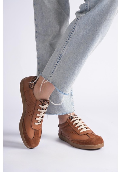Analin Shoes Kadın Hakiki Deri Bağcıklı Süet Detaylı Spor Ayakkabı Taba